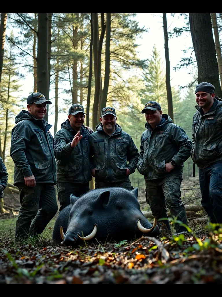 A group of hunters in Valvignères participating in a guided wild boar hunt, showcasing the camaraderie and excitement of the event.