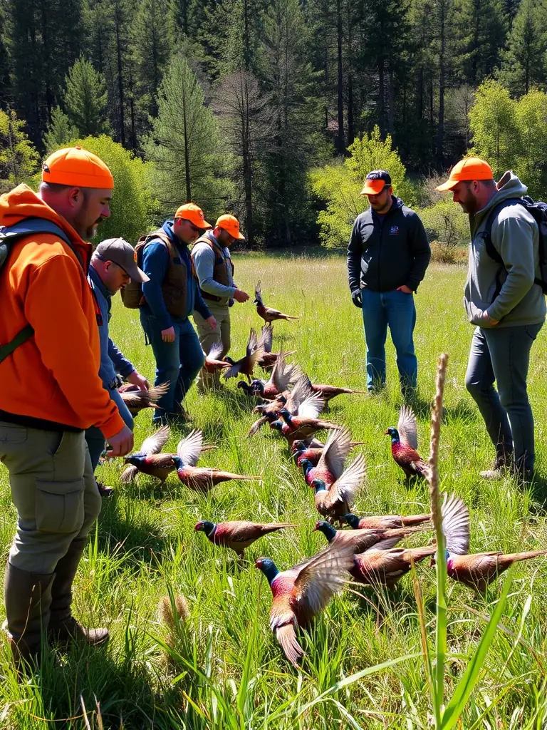 Volunteers from ACCAV releasing pheasants into the Valvignères wilderness, contributing to the local ecosystem and wildlife diversity.